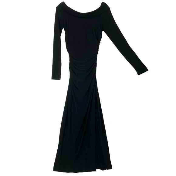 NWOT BEN DE LISI Dress US 4 Black Maxi Boat-Neck Cross Ruch Slit Side Stretch - Picture 1 of 15